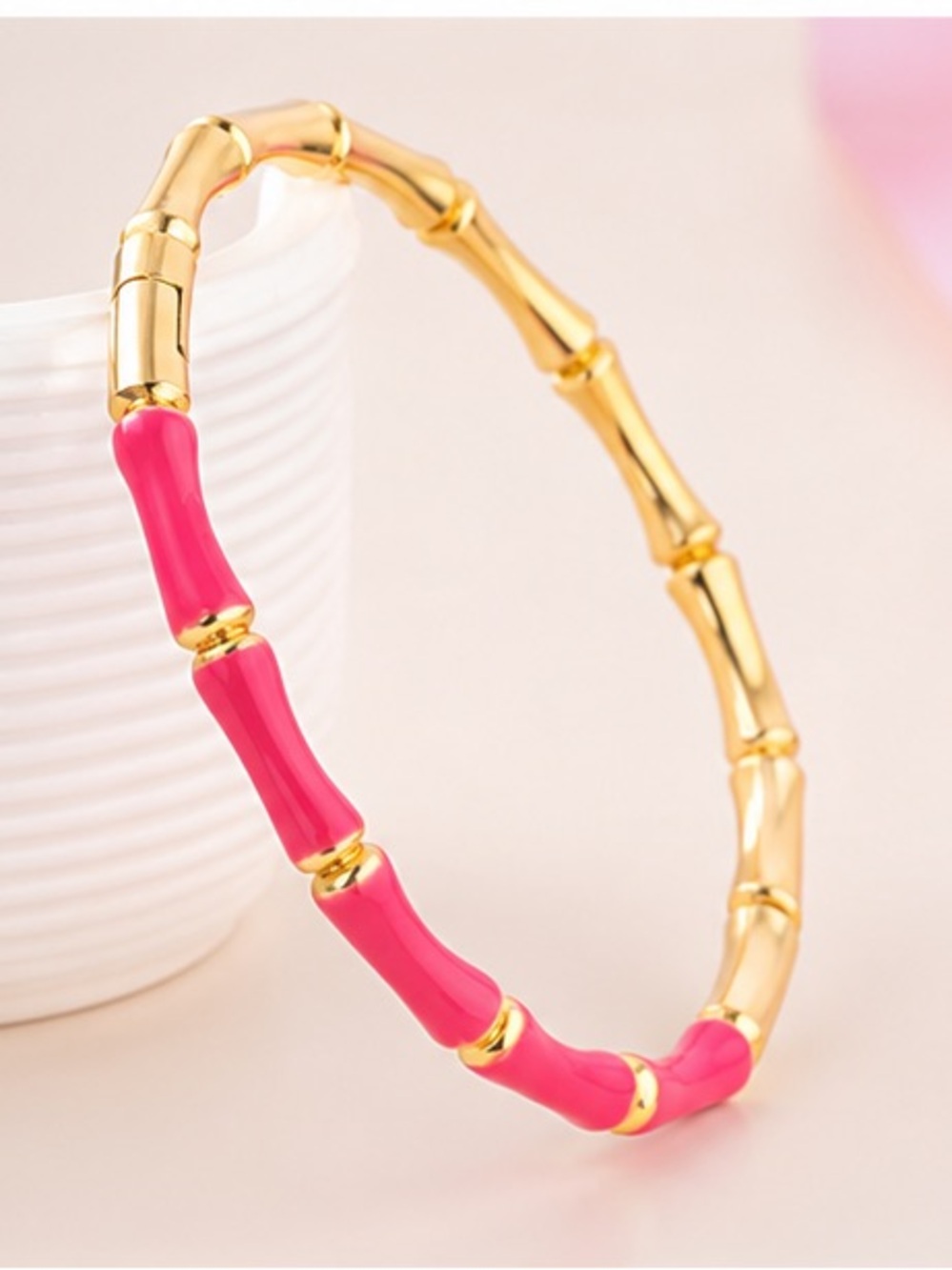 Hot Pink Bamboo Inspired Bangle Bracelet Gold Tone